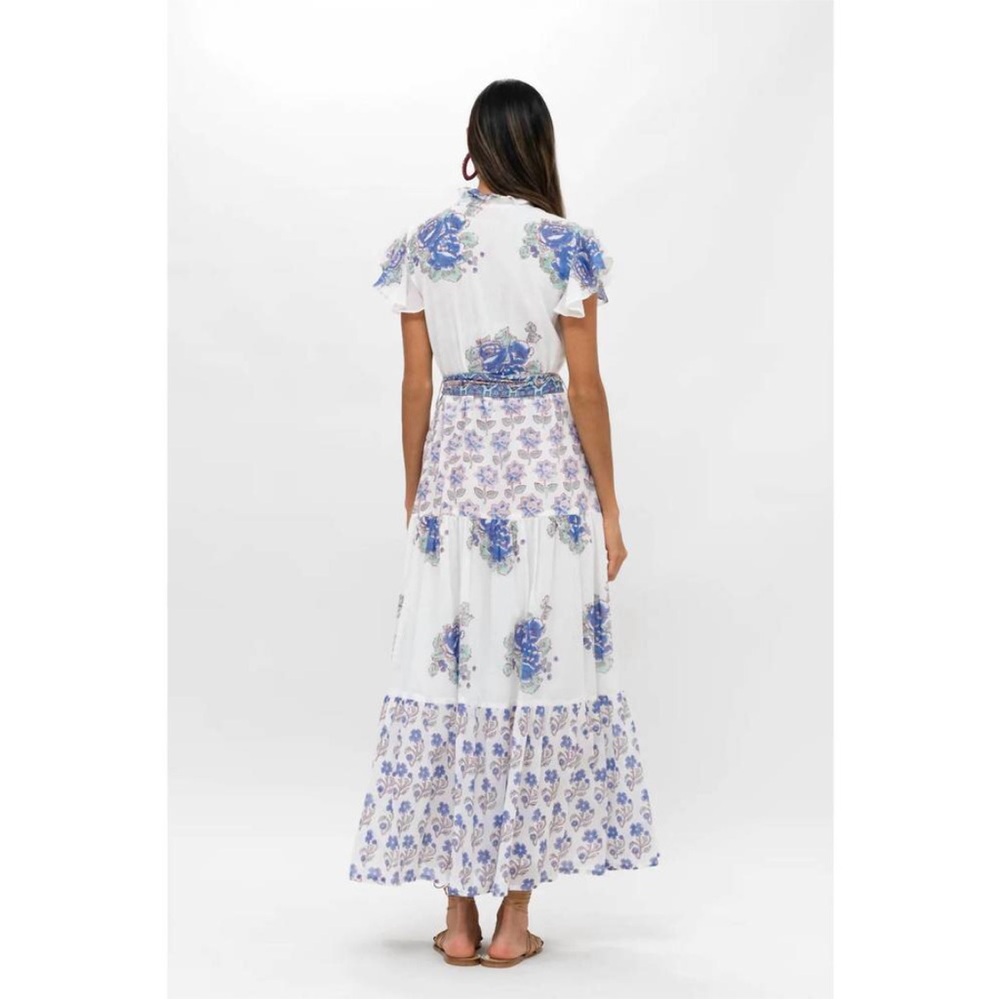 Oliphant Portofino white blue floral button front ruffle trim maxi dress Small - Picture 16 of 16